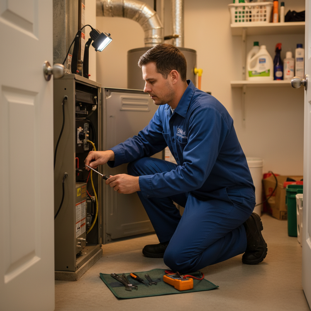 BIM Heating and Cooling professional technician repairing a furnace in a Fredericksburg, Virginia home.