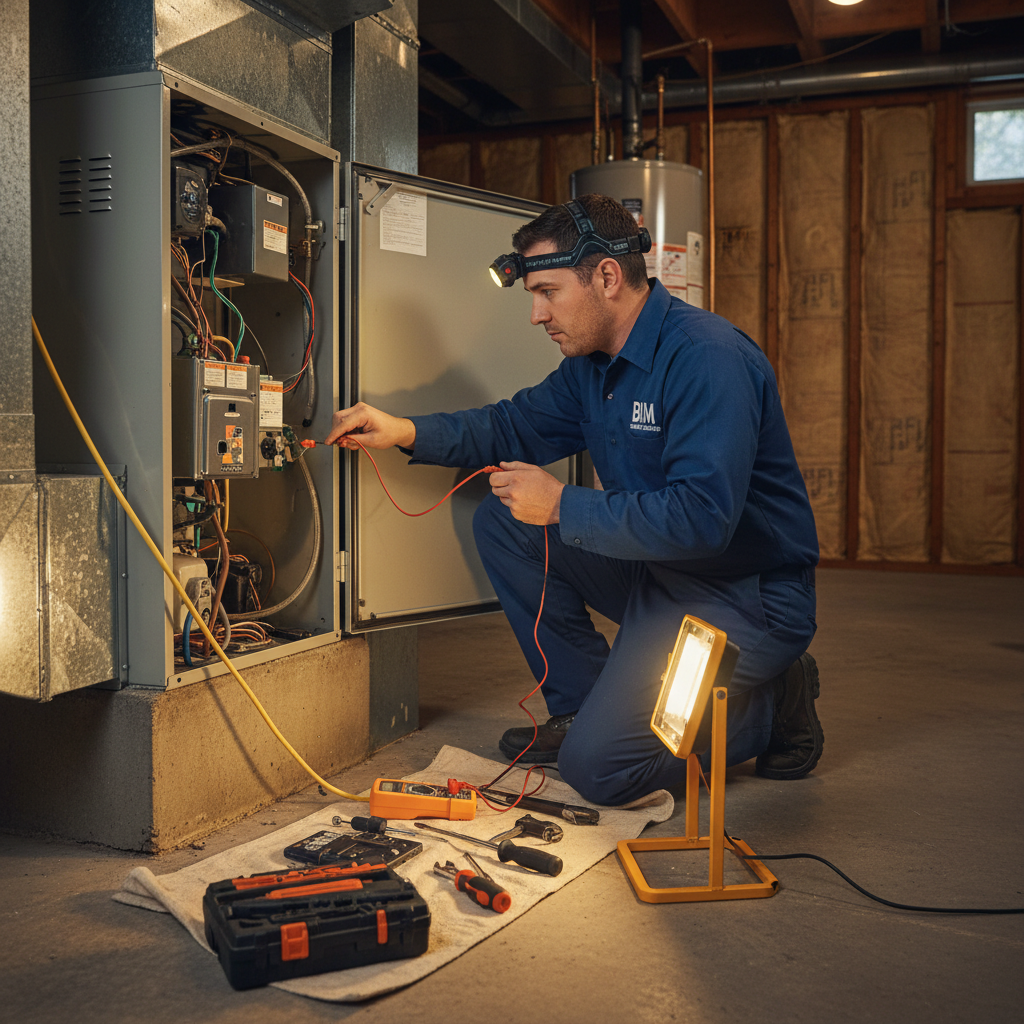 BIM Heating and Cooling professional technician repairing a furnace in a Virginia home near Fredericksburg.