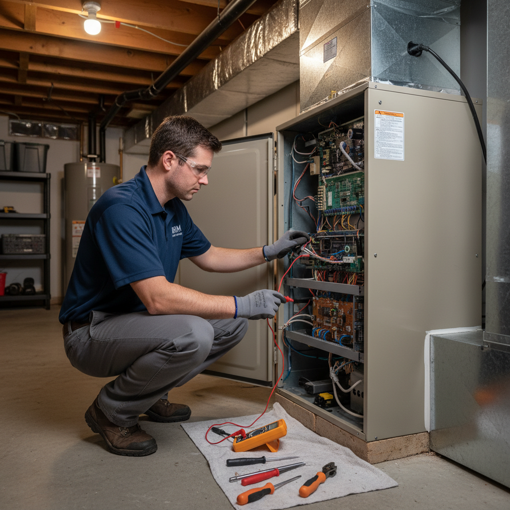 BIM Heating and Cooling professional technician repairing a furnace in a Fredericksburg, Virginia home.