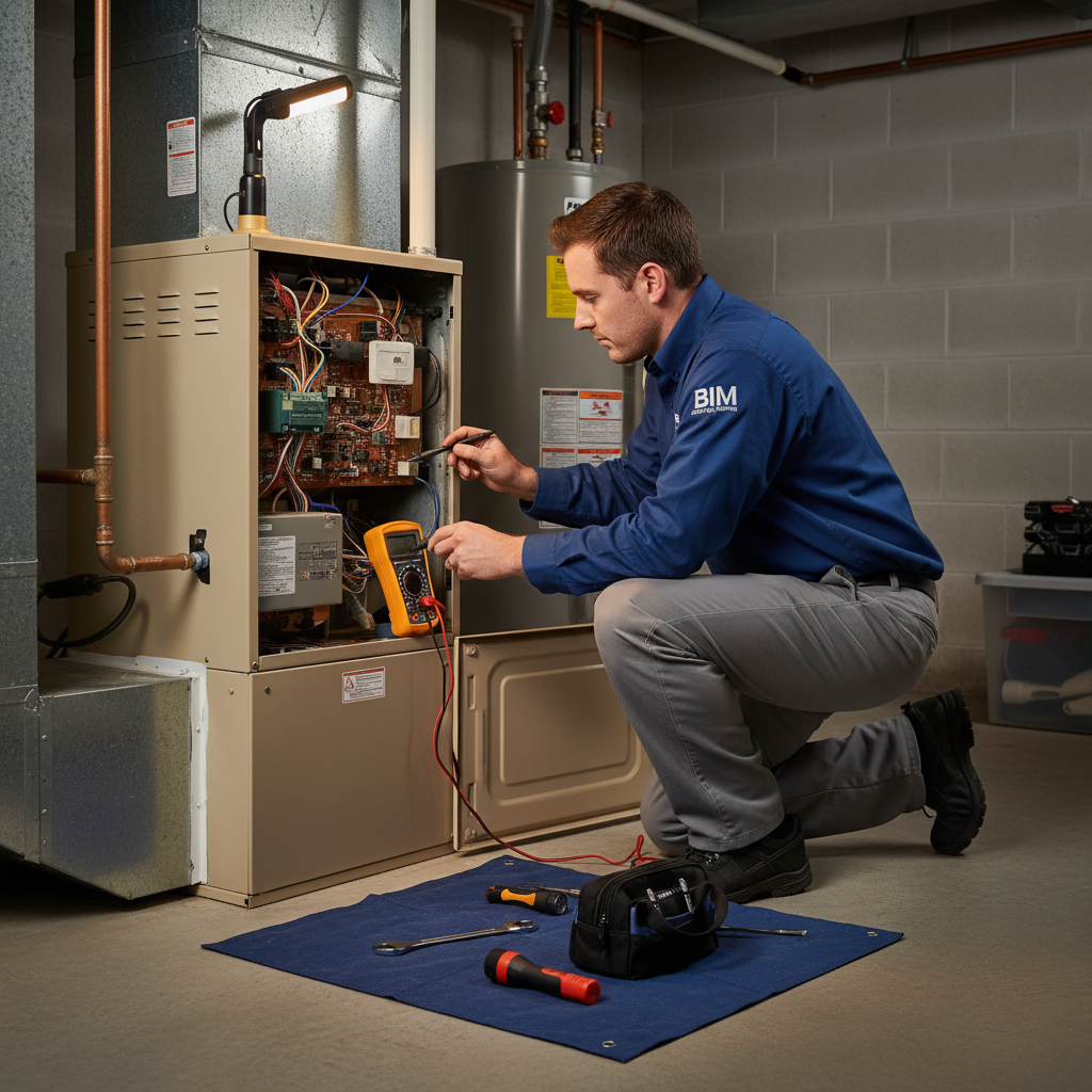 BIM Heating and Cooling professional technician repairing a furnace in a Fredericksburg, Virginia county basement.
