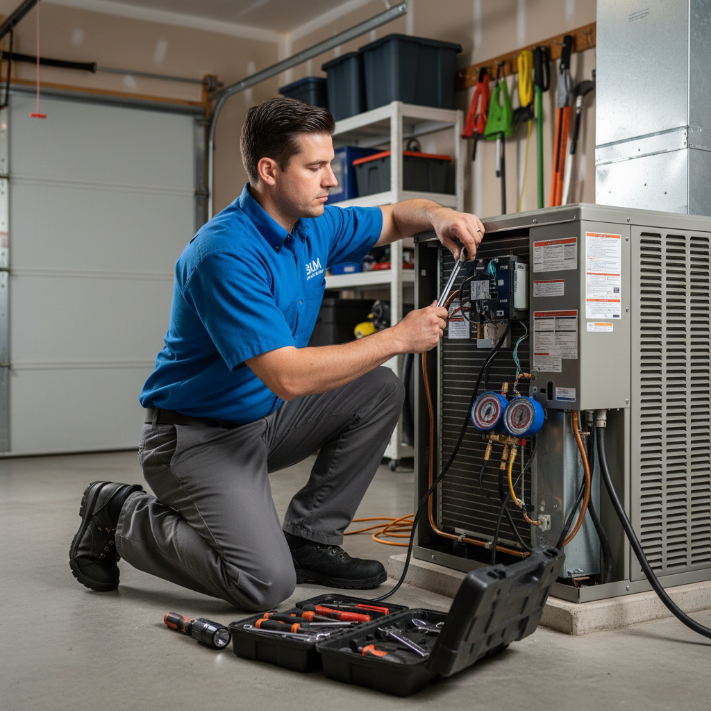 BIM Heating and Cooling professional technician repairing an air conditioning unit in a Fredericksburg, VA home.