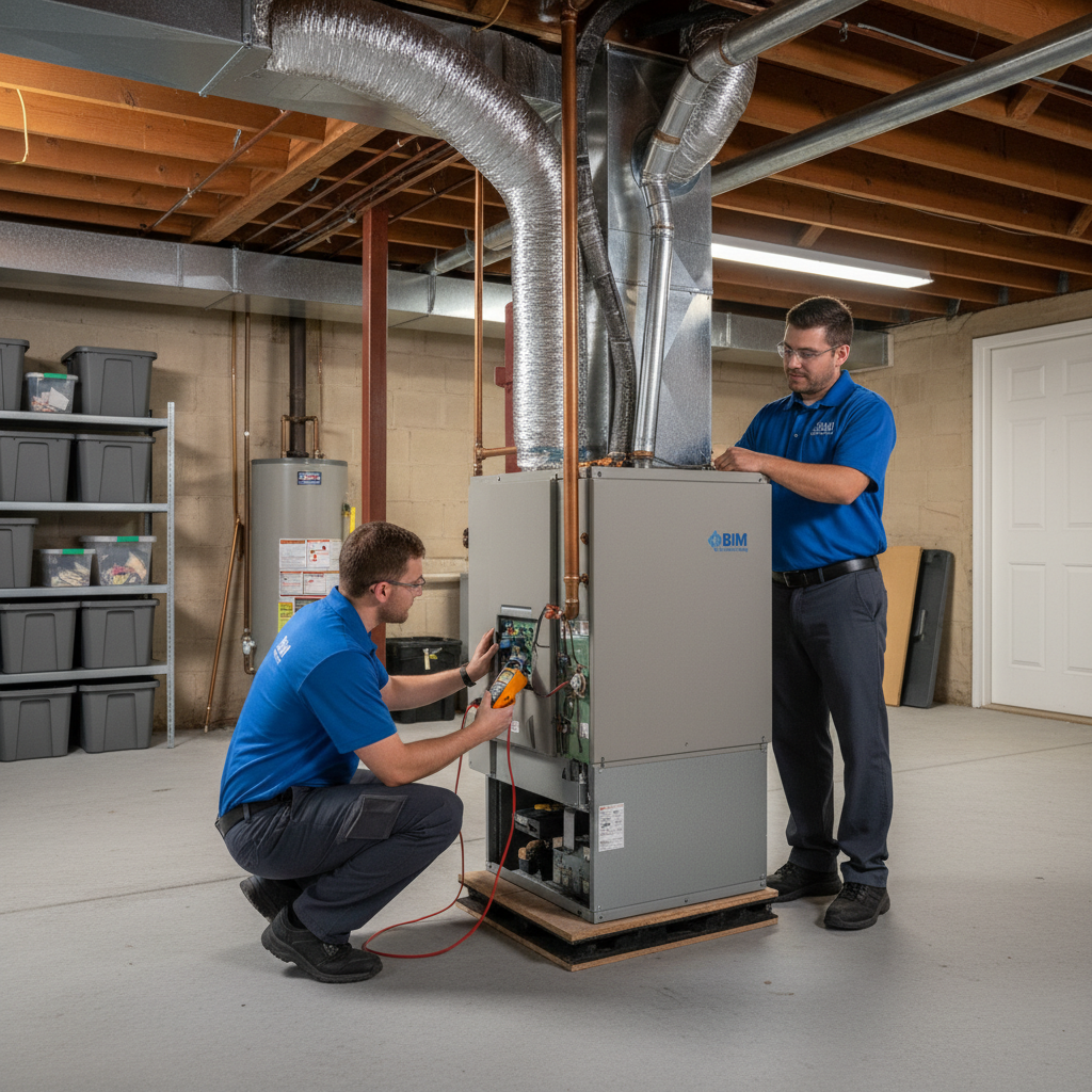 BIM Heating and Cooling professional working on a furnace in a Virginia residential basement.