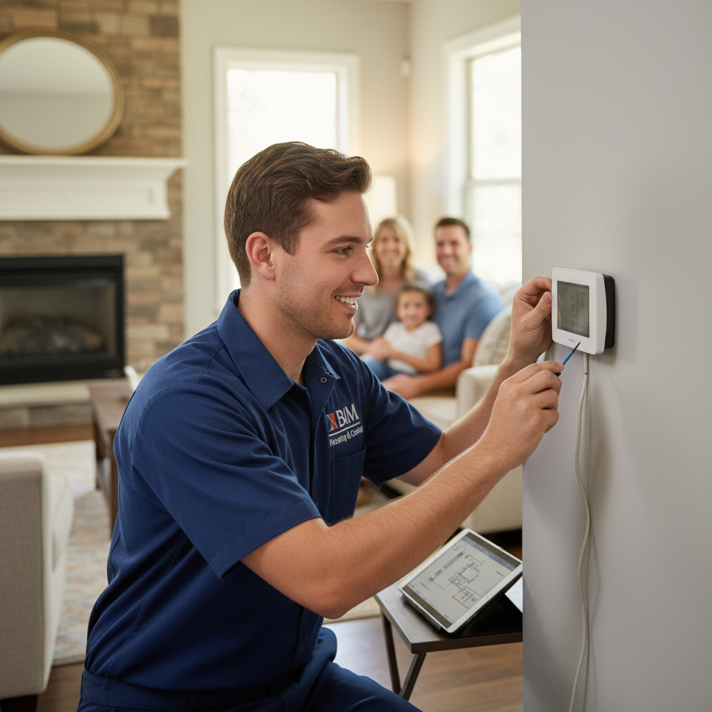 BIM Heating and Cooling professional working on a thermostat in a Spotsylvania County, Virginia home.
