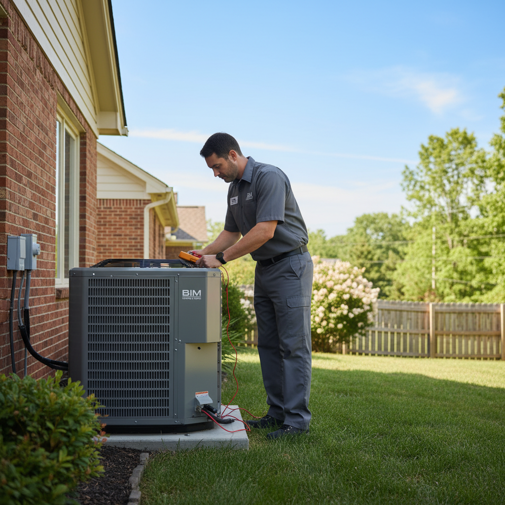 BIM Heating and Cooling professional working on an outdoor AC unit in Fredericksburg, Virginia.