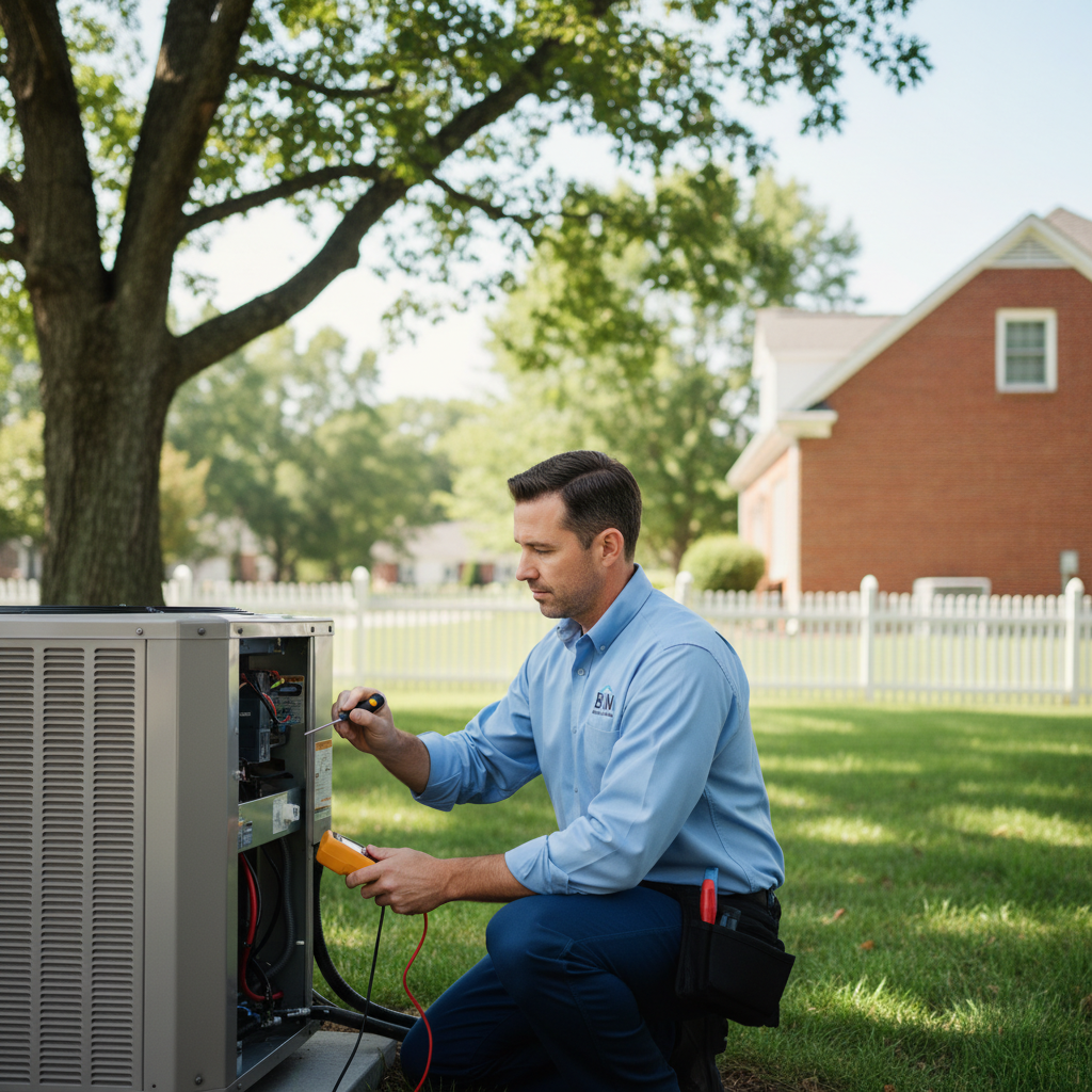 BIM Heating and Cooling professional working on an outdoor HVAC unit in a sunny Fredericksburg, Virginia neighborhood.