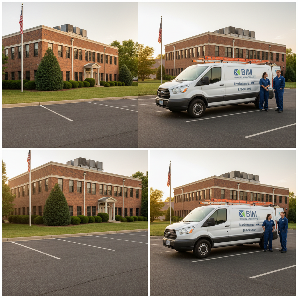 BIM Heating and Cooling service van parked outside a commercial building in Fredericksburg, VA.