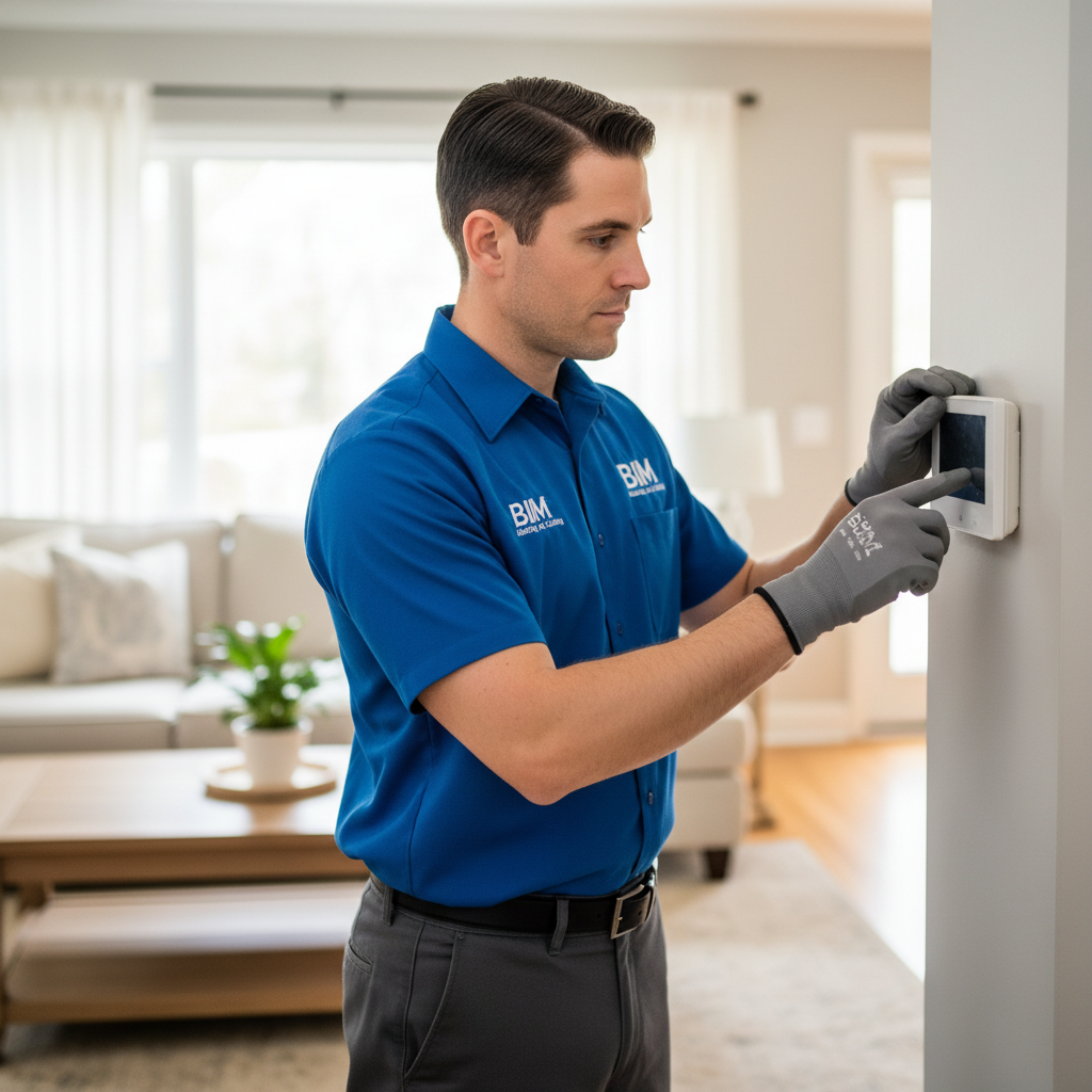 BIM Heating and Cooling specialist checking an indoor thermostat for heating service in a modern Fredericksburg, VA house.