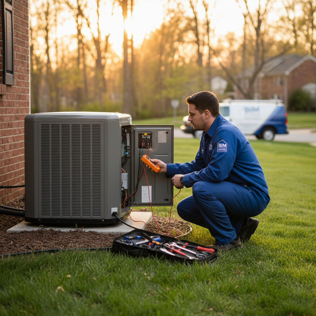 BIM Heating and Cooling specialist checking an outdoor heat pump in a Virginia residential area.