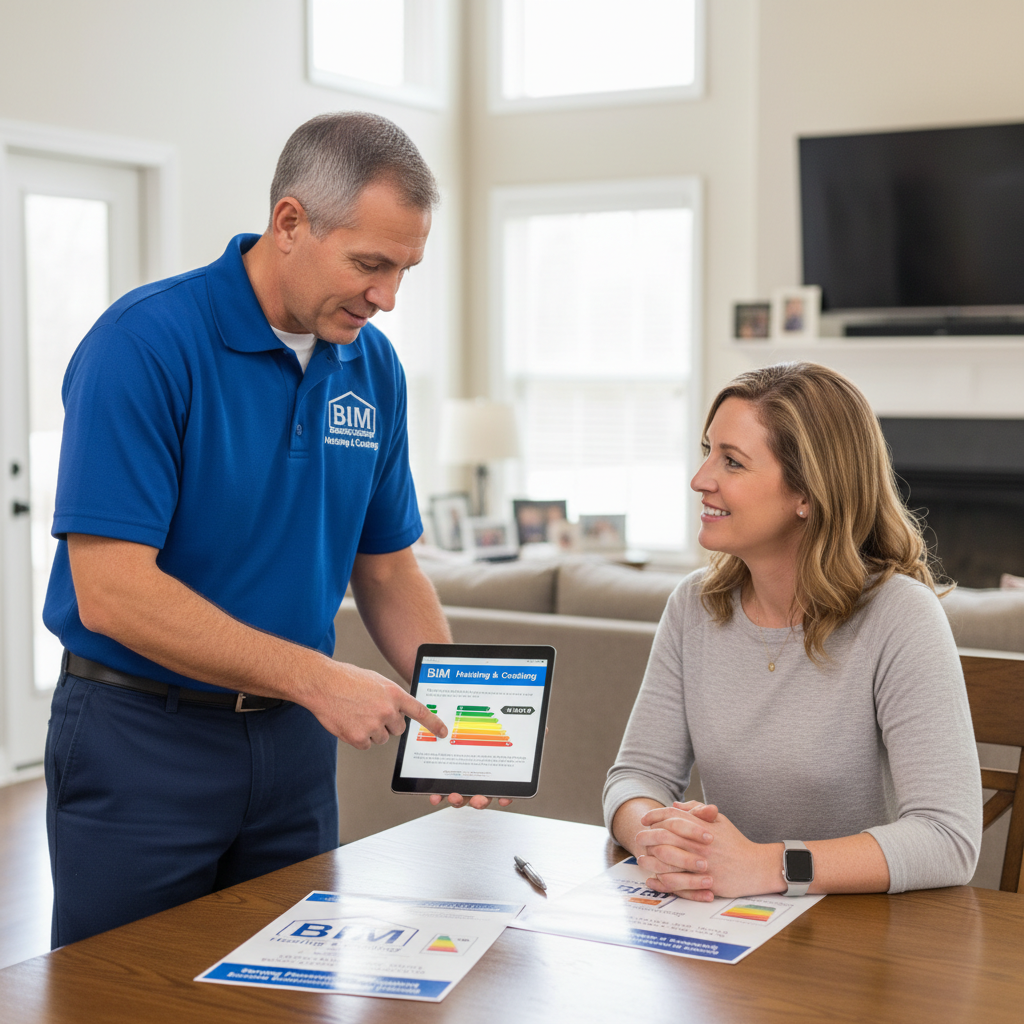BIM Heating and Cooling specialist discussing HVAC options with a homeowner in Fredericksburg, Virginia.