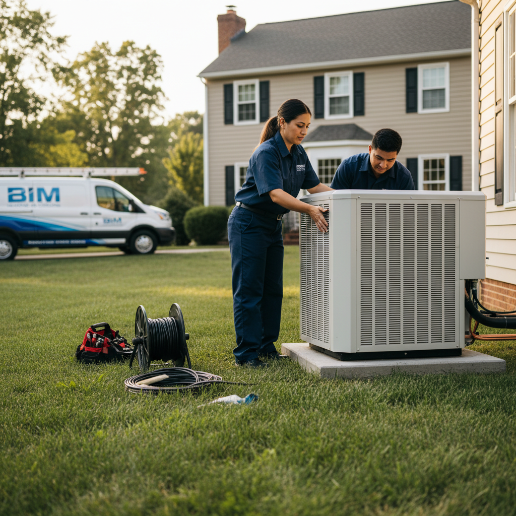 BIM Heating and Cooling specialist installing a new air conditioner unit outside a Fredericksburg, VA home.