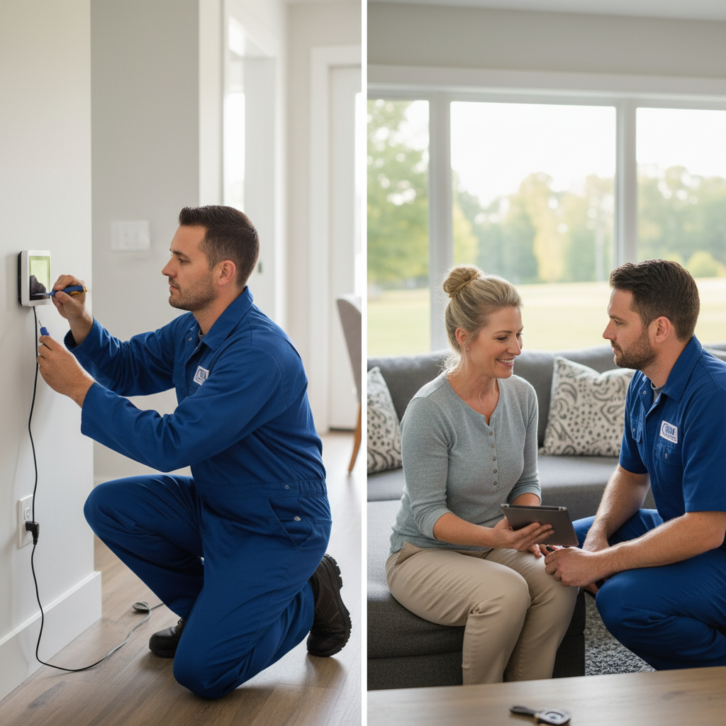 BIM Heating and Cooling specialist installing new thermostat for client in Fredericksburg, Virginia.