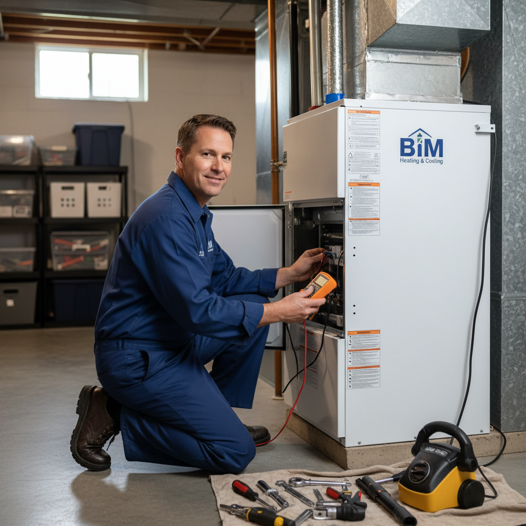 BIM Heating and Cooling specialist maintaining a furnace in a Fredericksburg, Virginia county home.