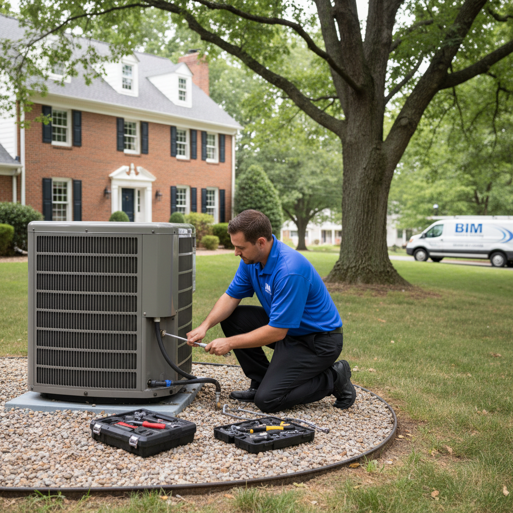 BIM Heating and Cooling specialist maintaining an outdoor HVAC compressor in Fredericksburg, Virginia.