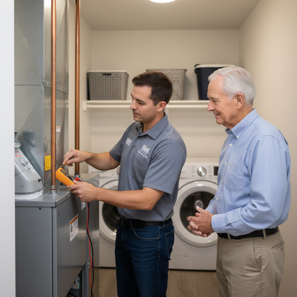 BIM Heating and Cooling specialist performing a thorough HVAC system check in a Spotsylvania, VA residence.