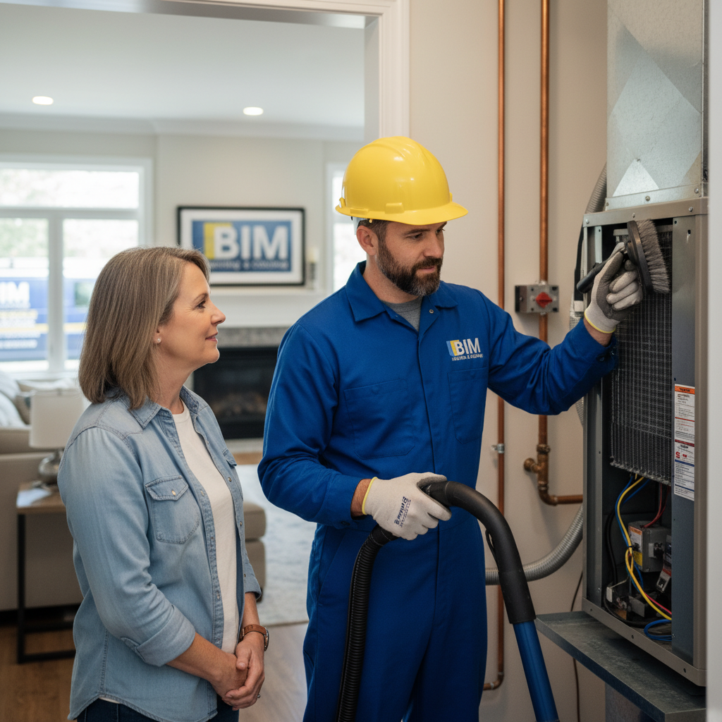 BIM Heating and Cooling specialist performing HVAC maintenance for a client in Fredericksburg, VA.