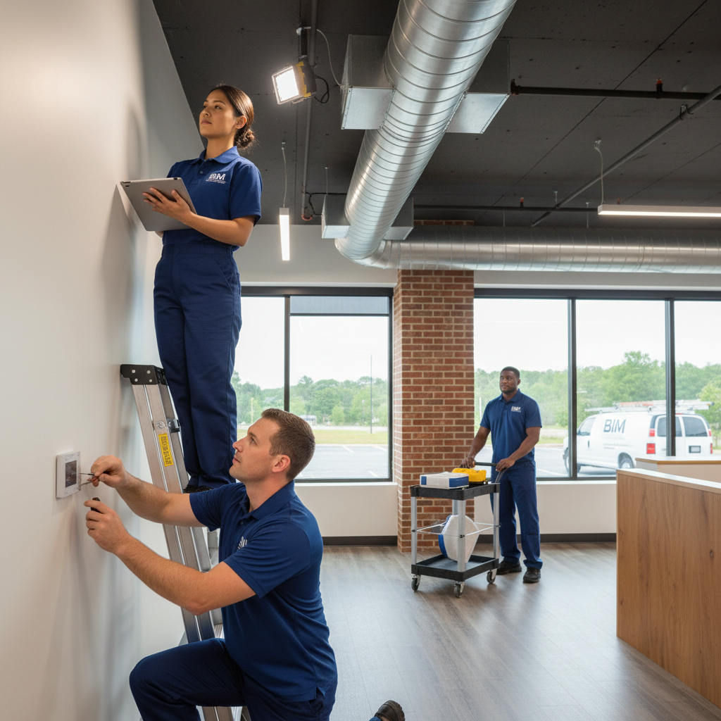 BIM Heating and Cooling specialist performing HVAC maintenance in a Fredericksburg, Virginia business.