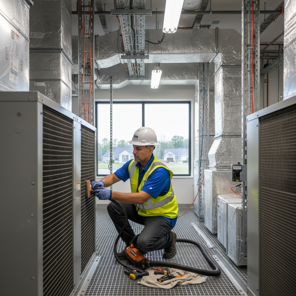 BIM Heating and Cooling specialist performing HVAC maintenance in a Fredericksburg, Virginia business.