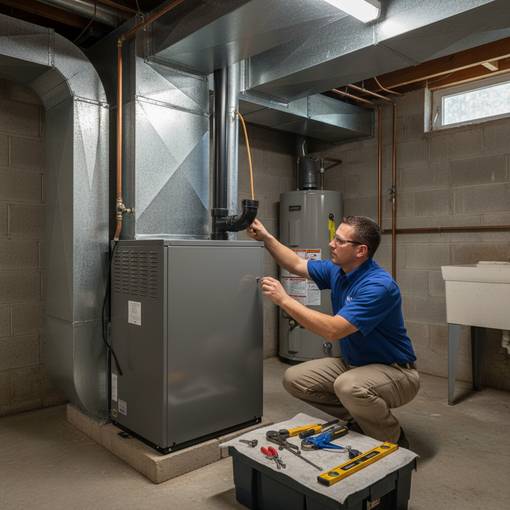 BIM Heating and Cooling specialist working on a furnace in a Fredericksburg, VA home.