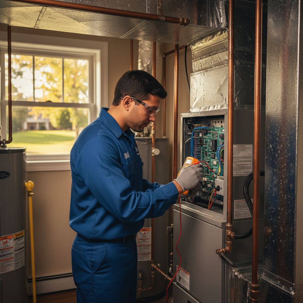 BIM Heating and Cooling specialist working on a modern HVAC unit in a home in Fredericksburg, Virginia.