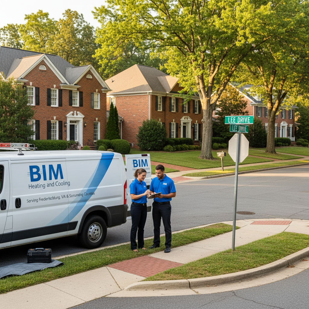 BIM Heating and Cooling team discussing a job in a Fredericksburg, Virginia neighborhood.