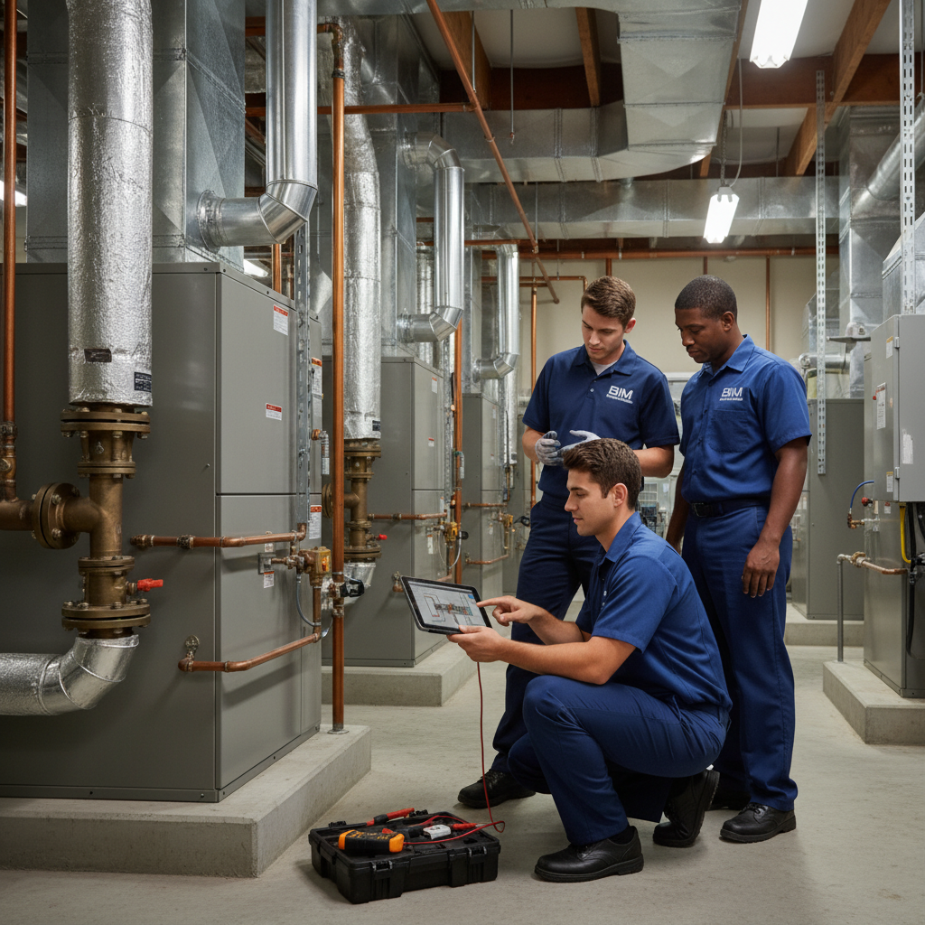 BIM Heating and Cooling team discussing a repair plan for a commercial system in Fredericksburg, VA.