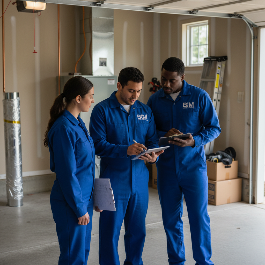 BIM Heating and Cooling team discussing HVAC installation plans in a Virginia county home.