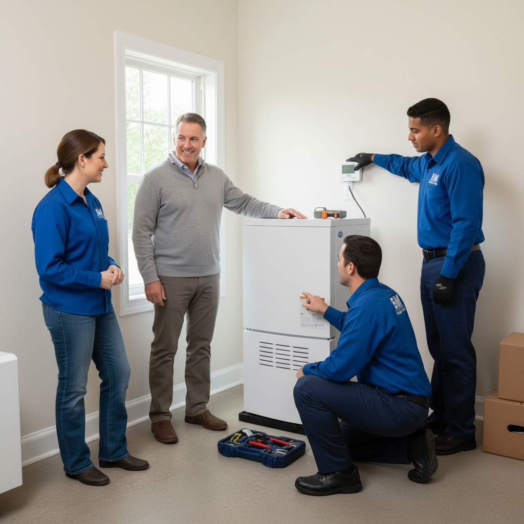 BIM Heating and Cooling team discussing HVAC system maintenance in Fredericksburg, Virginia.