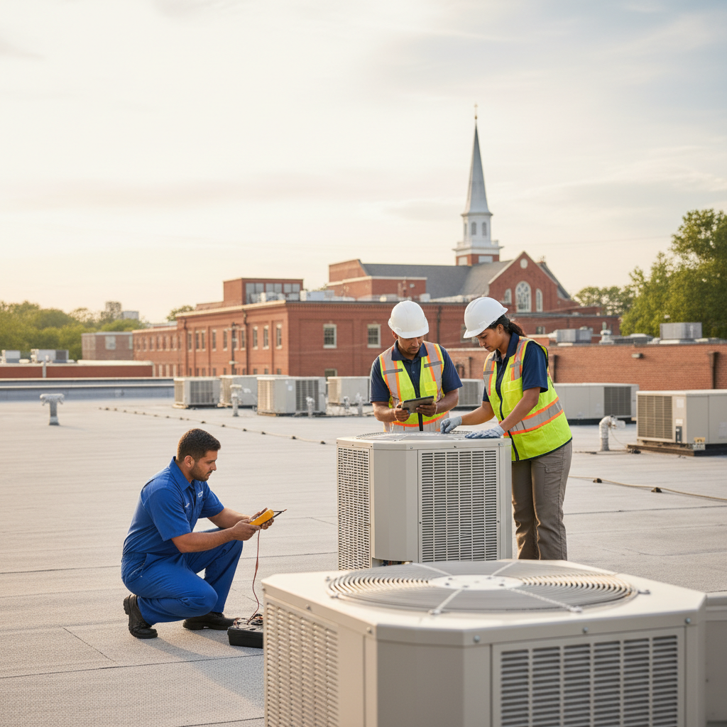 BIM Heating and Cooling team installing a new HVAC unit on a commercial building in Fredericksburg, VA.