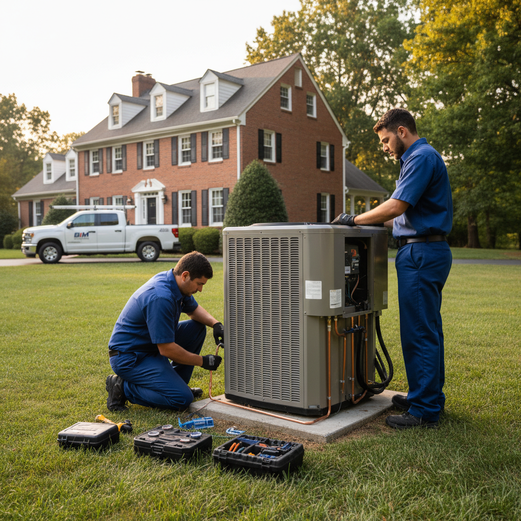 BIM Heating and Cooling team installing a new outdoor AC unit at a residence in Fredericksburg, Virginia.