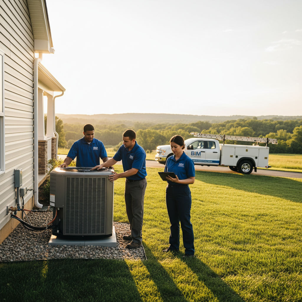 BIM Heating and Cooling team installing a new outdoor air conditioning unit in a Virginia county residence.