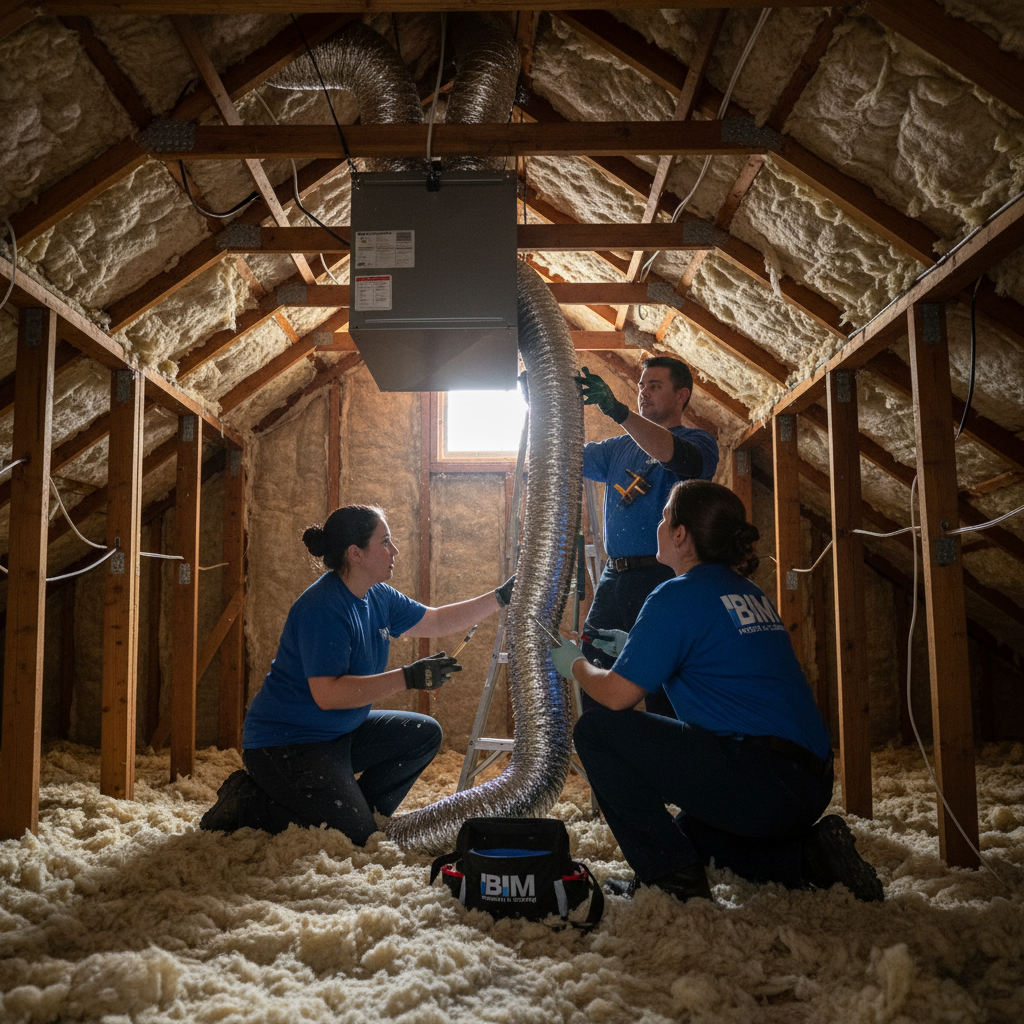 BIM Heating and Cooling team installing new HVAC ductwork in a Fredericksburg area residential attic.