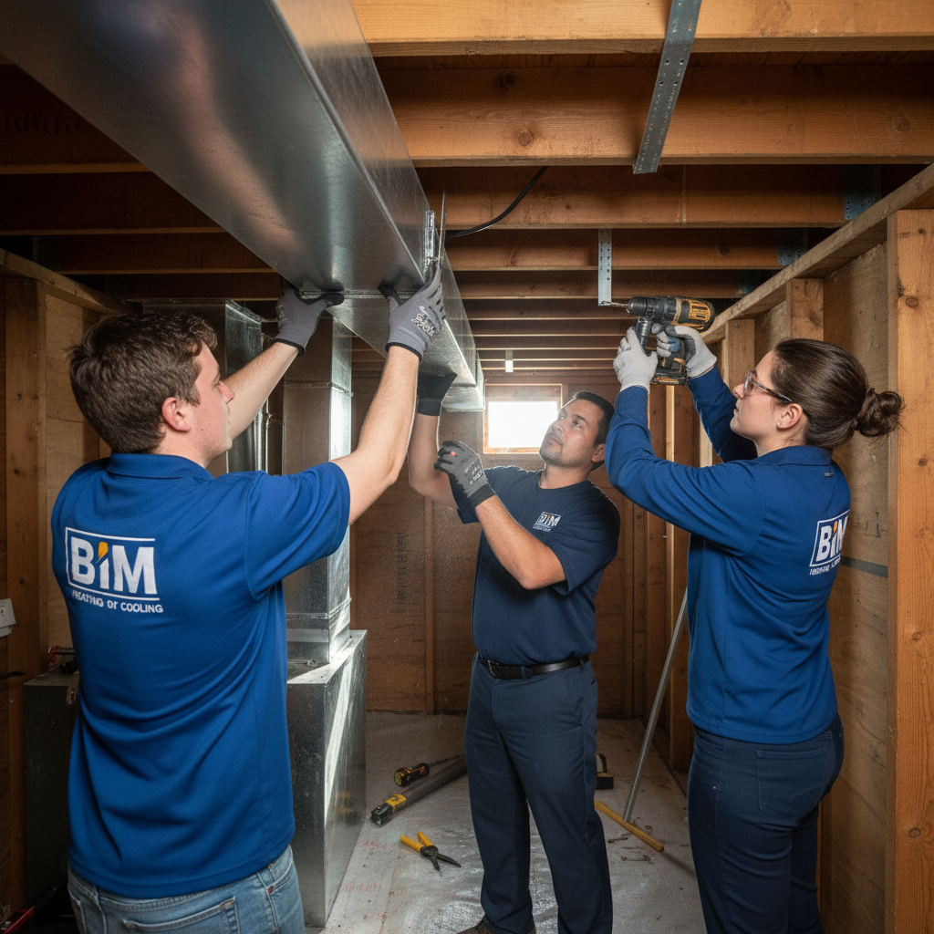 BIM Heating and Cooling team installing new HVAC ductwork in a Virginia counties home.