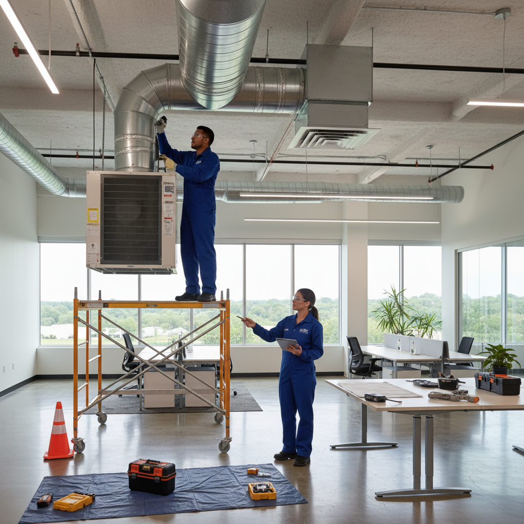 BIM Heating and Cooling team performing HVAC maintenance in a Fredericksburg, Virginia business.