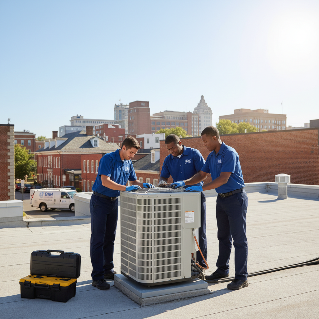 BIM Heating and Cooling team performing HVAC maintenance on a roof in Fredericksburg, Virginia.