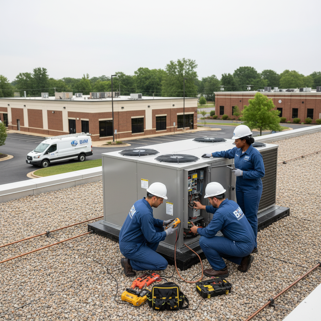 BIM Heating and Cooling team working on a commercial HVAC system in Fredericksburg, VA.