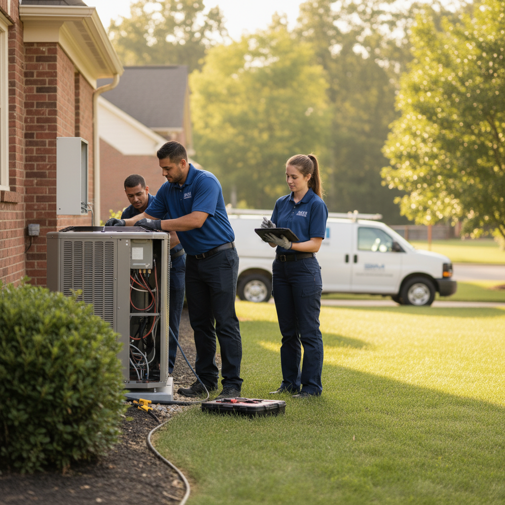 BIM Heating and Cooling team working on an air conditioning unit in Fredericksburg, VA.