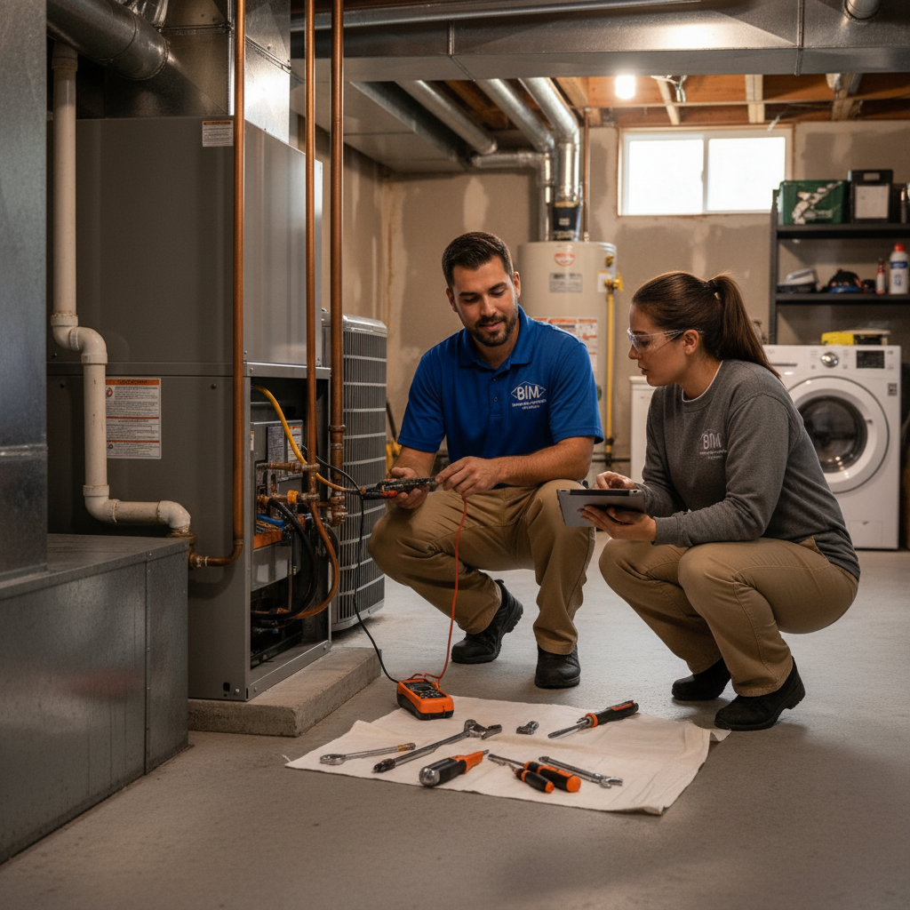BIM Heating and Cooling team working on an HVAC system in a customer's home near Spotsylvania, Virginia.
