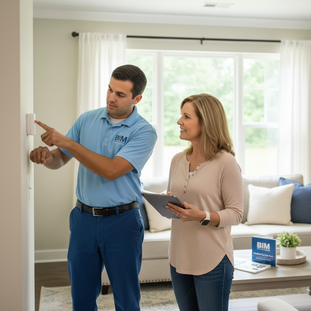 BIM Heating and Cooling technician discussing HVAC options with a homeowner in Fredericksburg, Virginia.