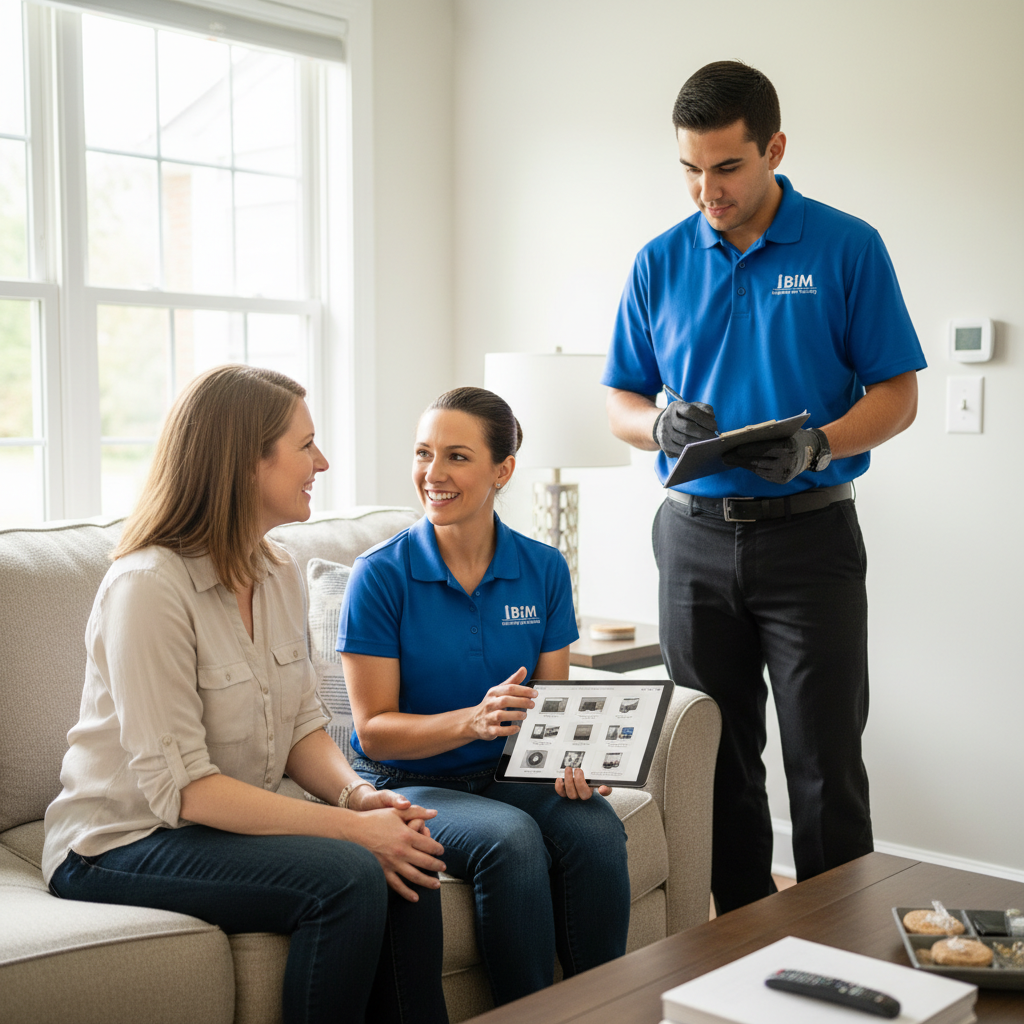BIM Heating and Cooling technician discussing HVAC options with a homeowner in Fredericksburg, VA.
