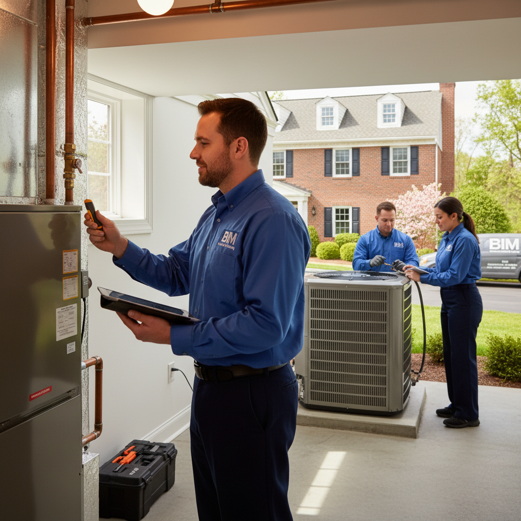 BIM Heating and Cooling technician expertly inspecting an HVAC unit in a Fredericksburg, Virginia home.