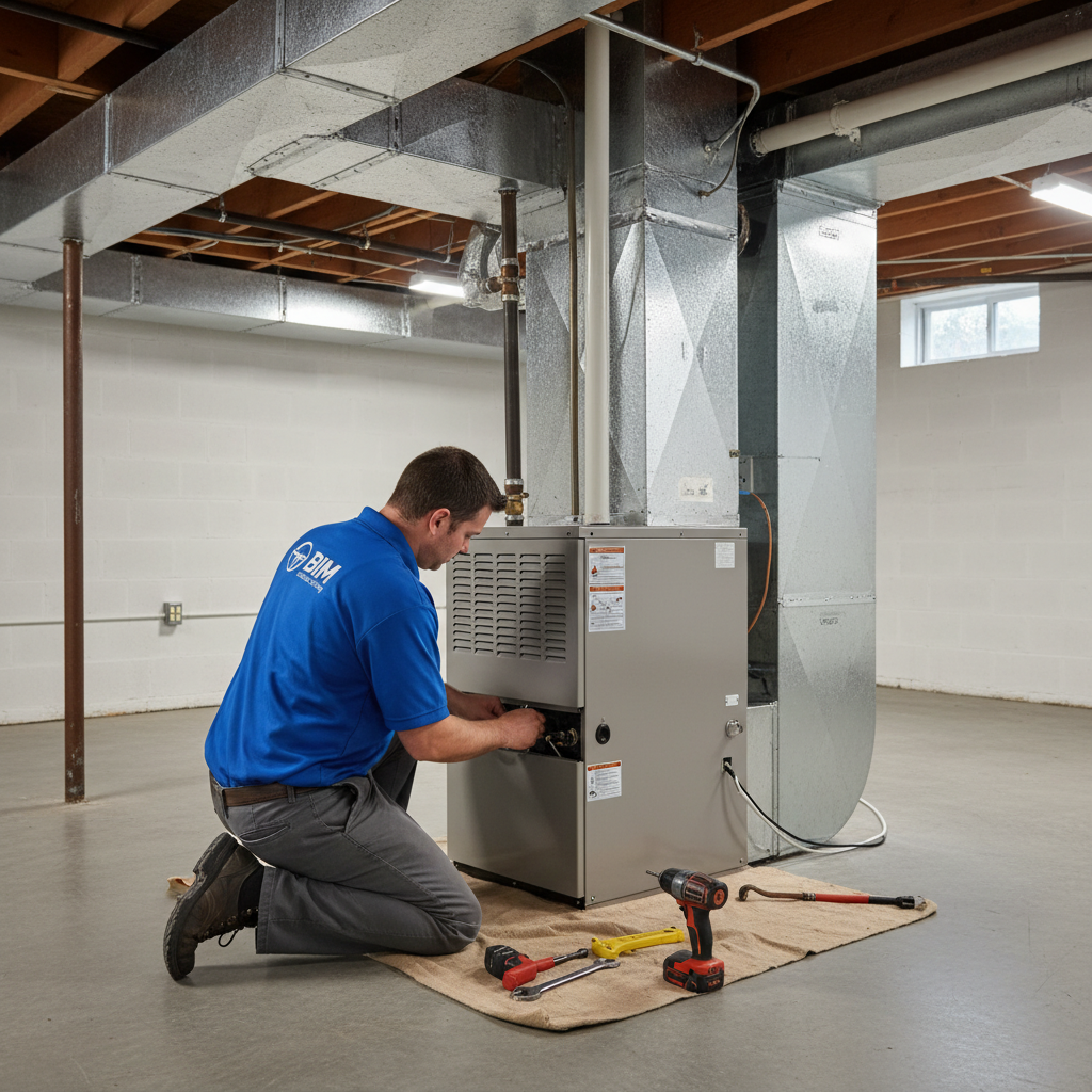 BIM Heating and Cooling technician expertly installing a new furnace in a Fredericksburg, Virginia home.
