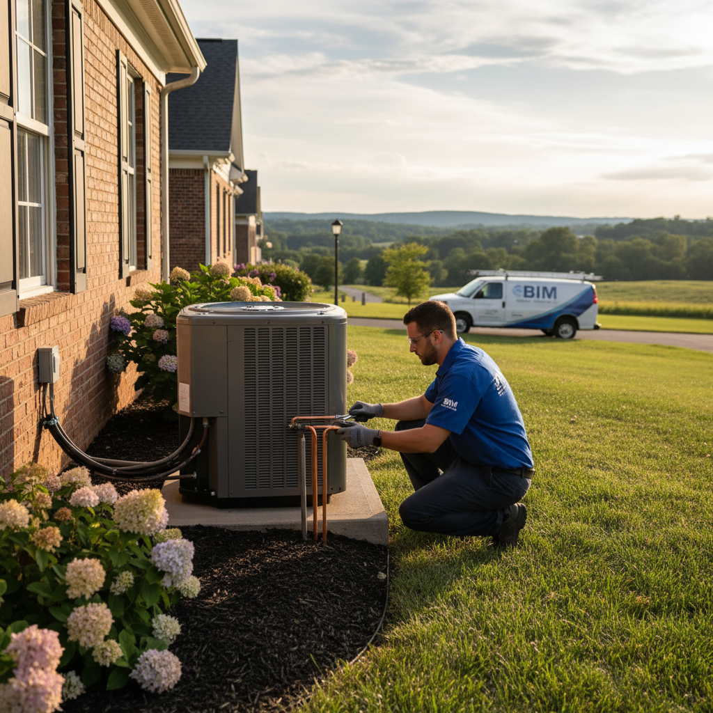 BIM Heating and Cooling technician expertly installing a new HVAC unit in a Fredericksburg, VA home.