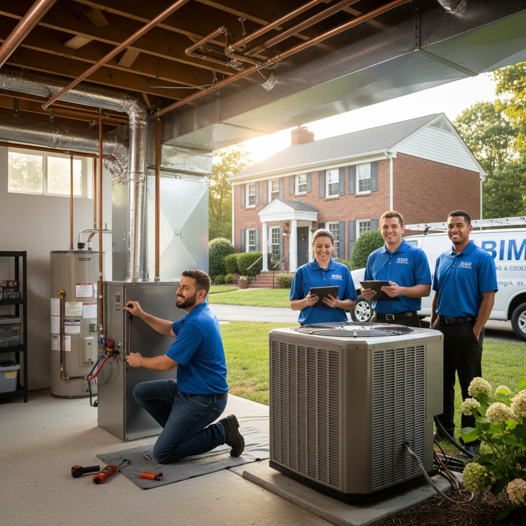 BIM Heating and Cooling technician expertly installing a new furnace in a Fredericksburg, Virginia home.