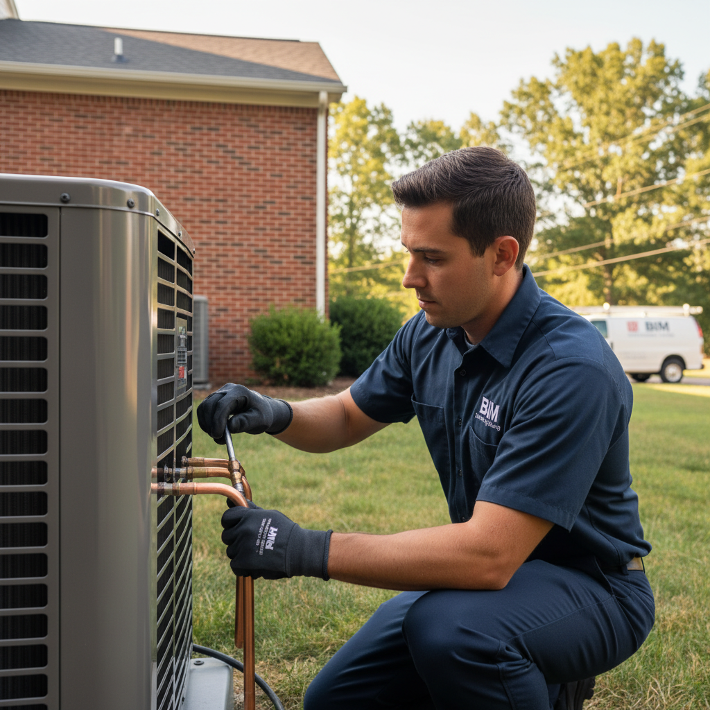 BIM Heating and Cooling technician expertly installing a new HVAC unit in a Fredericksburg, Virginia home.