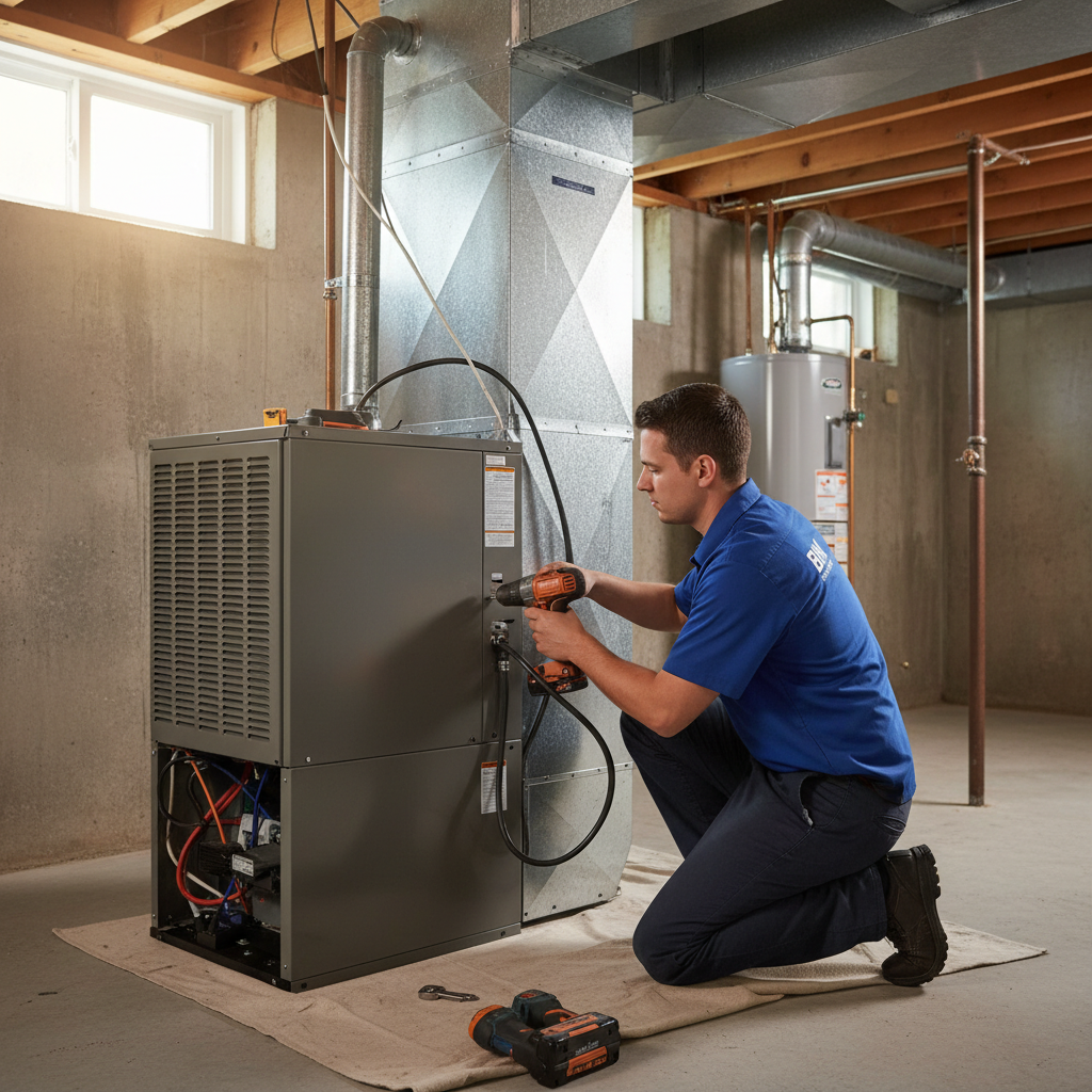 BIM Heating and Cooling technician expertly installing a new furnace in a Fredericksburg, Virginia home.