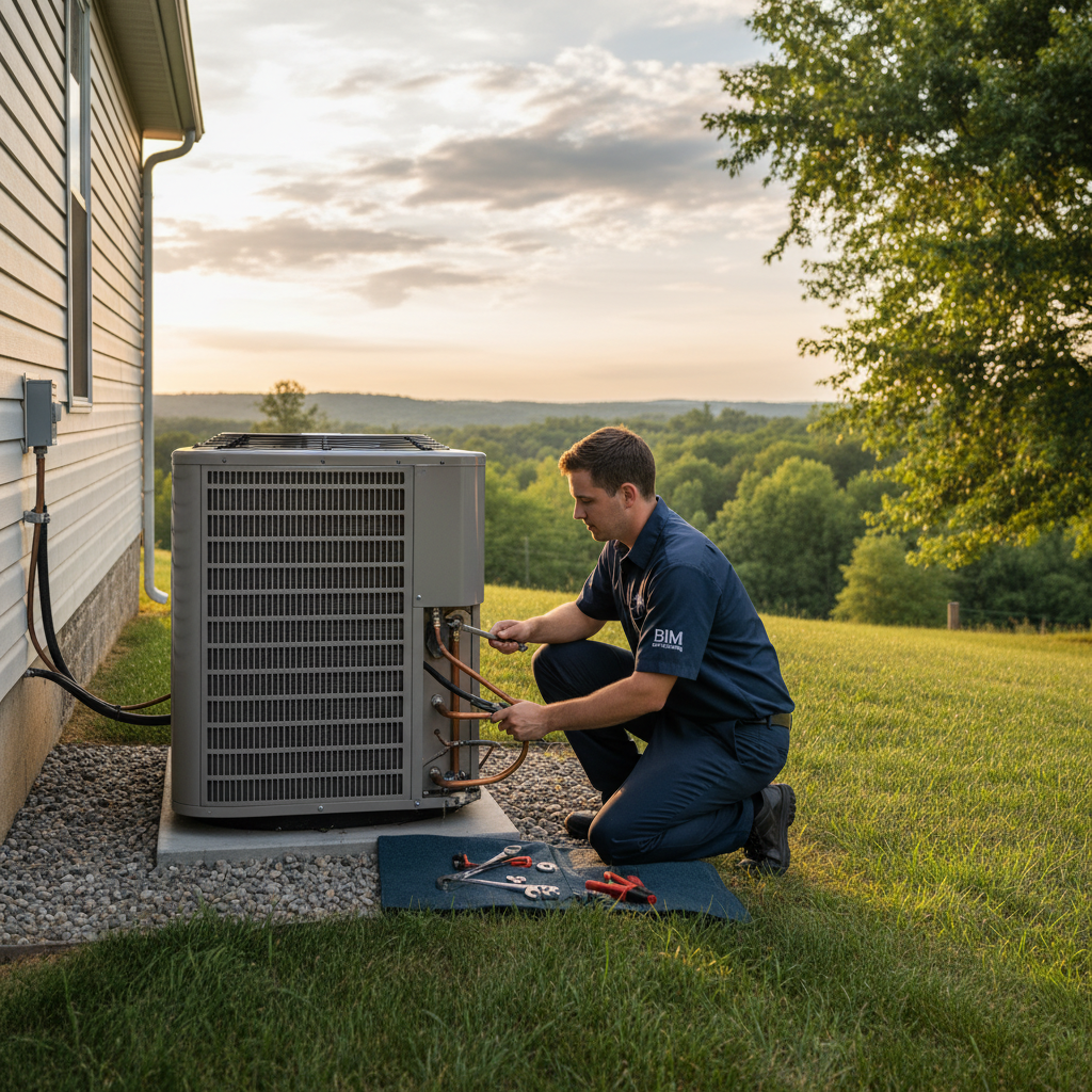 BIM Heating and Cooling technician expertly installing a new HVAC unit in a Fredericksburg, VA home.