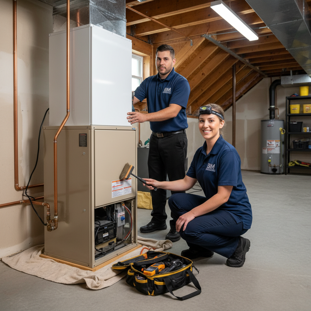 BIM Heating and Cooling technician expertly installing a new HVAC unit in a Fredericksburg, Virginia home.