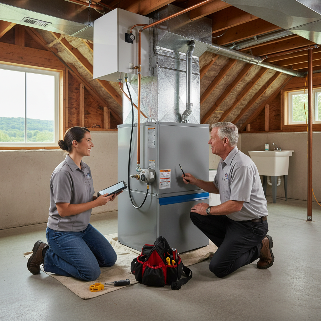 BIM Heating and Cooling technician expertly installing a new HVAC unit in a Fredericksburg, Virginia home.