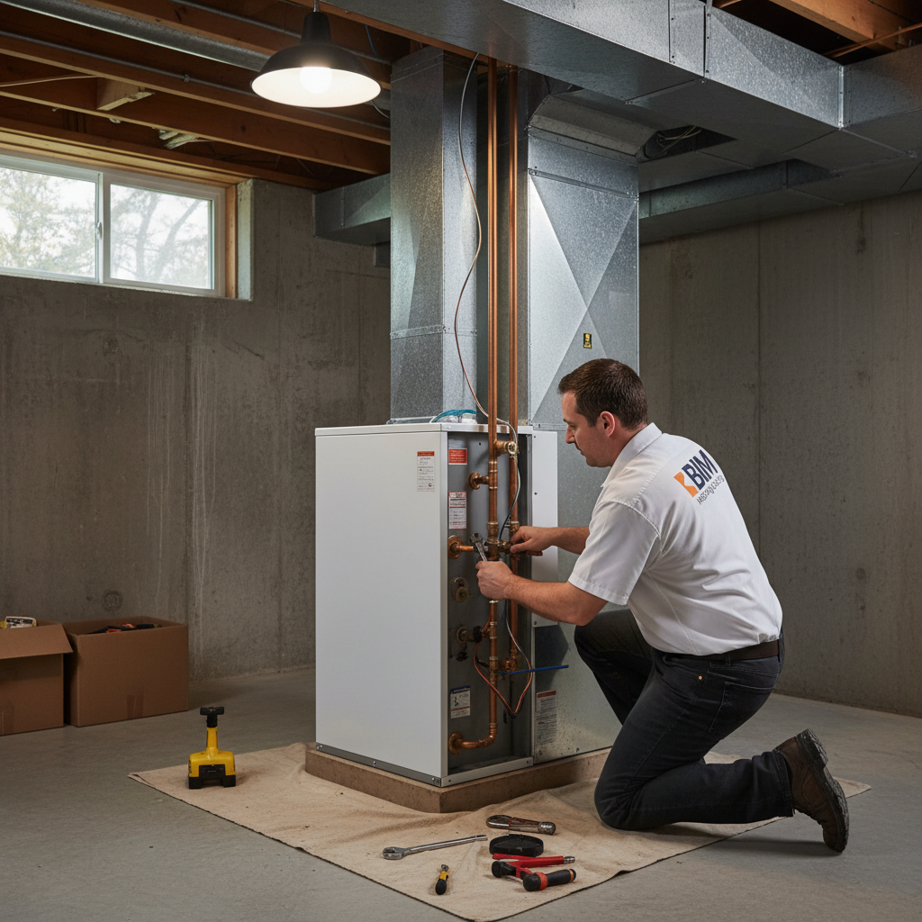 BIM Heating and Cooling technician expertly installing a new HVAC unit in a Fredericksburg, Virginia home.
