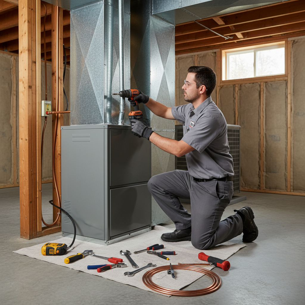 BIM Heating and Cooling technician expertly installing a new furnace in a Fredericksburg, Virginia home.